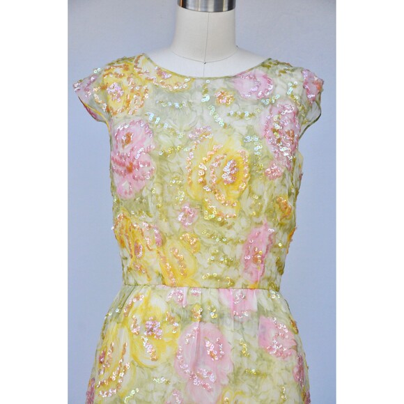 Nat Kaplan SILK Floral 50s Dress Sequined Beaded Pencil Wiggle Dress Bombshell - Picture 8 of 10